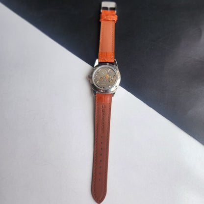 Vintage HMT Janata Devanagari Hand Winding 17 Jewels Peach Face 35MM Silver Case Brown Leather Strap Men's Wrist Watch G68