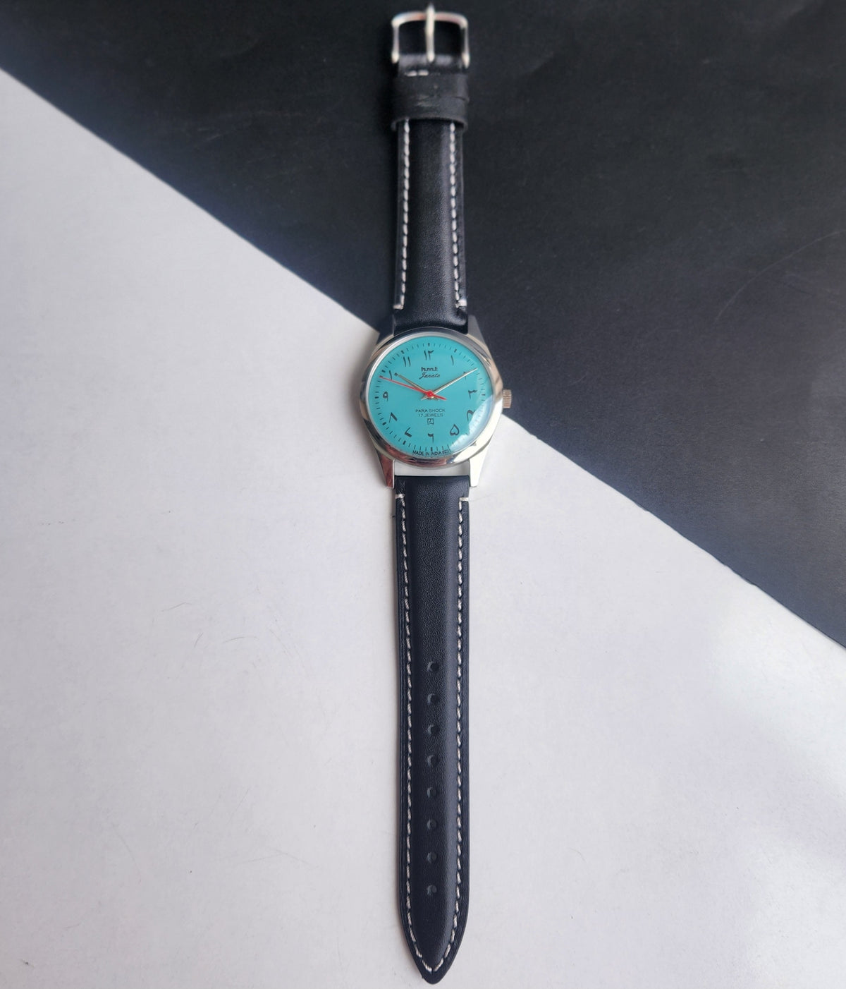 Vintage MOD HMT Janata Urdu/Arabic Hand Winding 17 Jewels Tiffany Face 35MM Silver Case Black Leather Strap Men's Wrist Watch G67