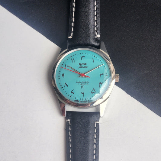 Vintage HMT Janata Urdu/Arabic Hand Winding 17 Jewels Tiffany Face 35MM Silver Case Black Leather Strap Men's Wrist Watch G67