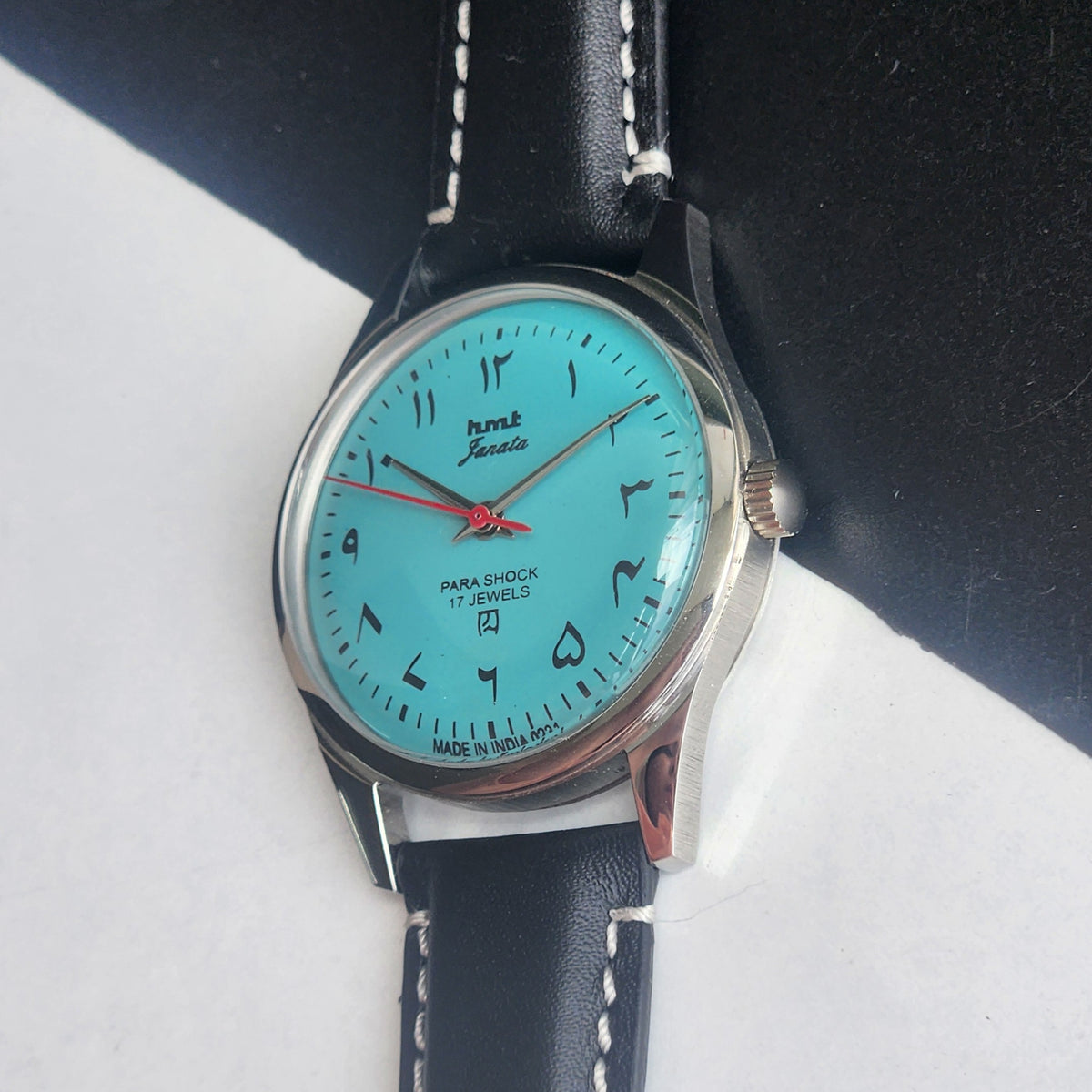 Vintage MOD HMT Janata Urdu/Arabic Hand Winding 17 Jewels Tiffany Face 35MM Silver Case Black Leather Strap Men's Wrist Watch G67