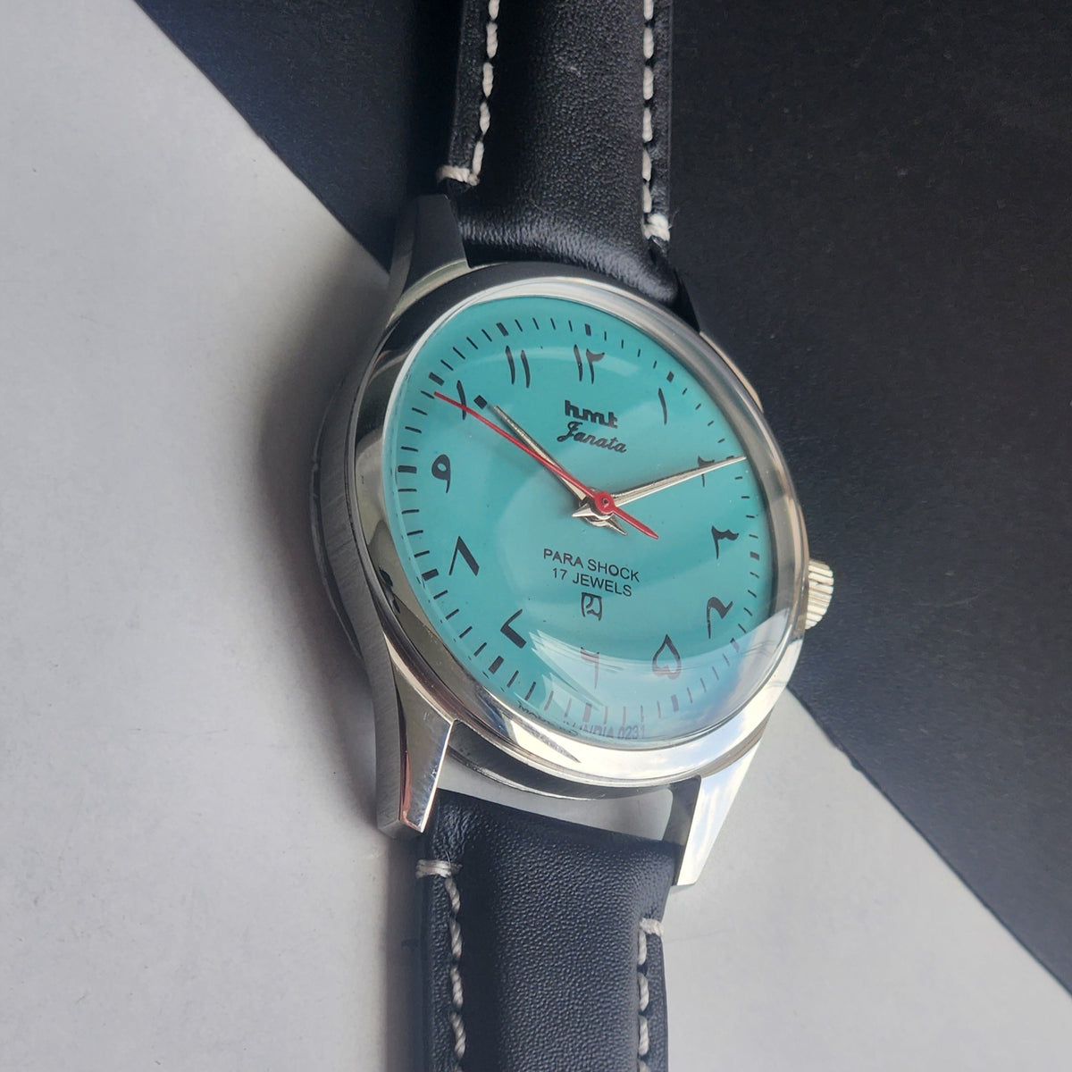 Vintage MOD HMT Janata Urdu/Arabic Hand Winding 17 Jewels Tiffany Face 35MM Silver Case Black Leather Strap Men's Wrist Watch G67