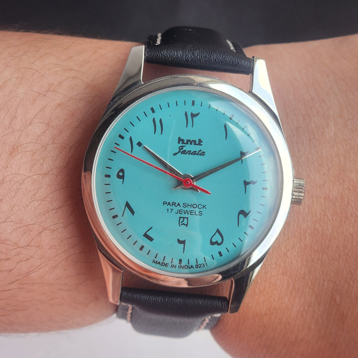 Vintage MOD HMT Janata Urdu/Arabic Hand Winding 17 Jewels Tiffany Face 35MM Silver Case Black Leather Strap Men's Wrist Watch G67