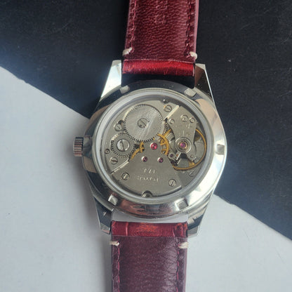 Vintage MOD HMT Janata Urdu/Arabic Hand Winding 17 Jewels Red Face 35MM Silver Case Red Leather Strap Men's Wrist Watch G69