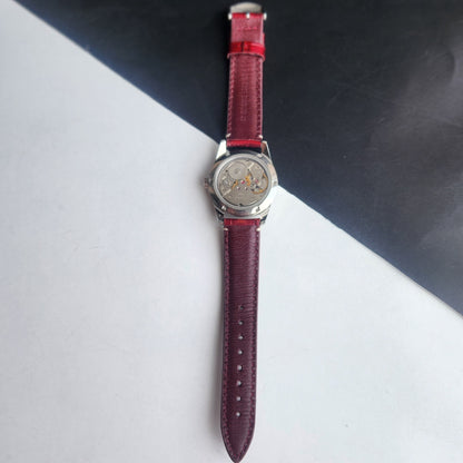 Vintage MOD HMT Janata Urdu/Arabic Hand Winding 17 Jewels Red Face 35MM Silver Case Red Leather Strap Men's Wrist Watch G69