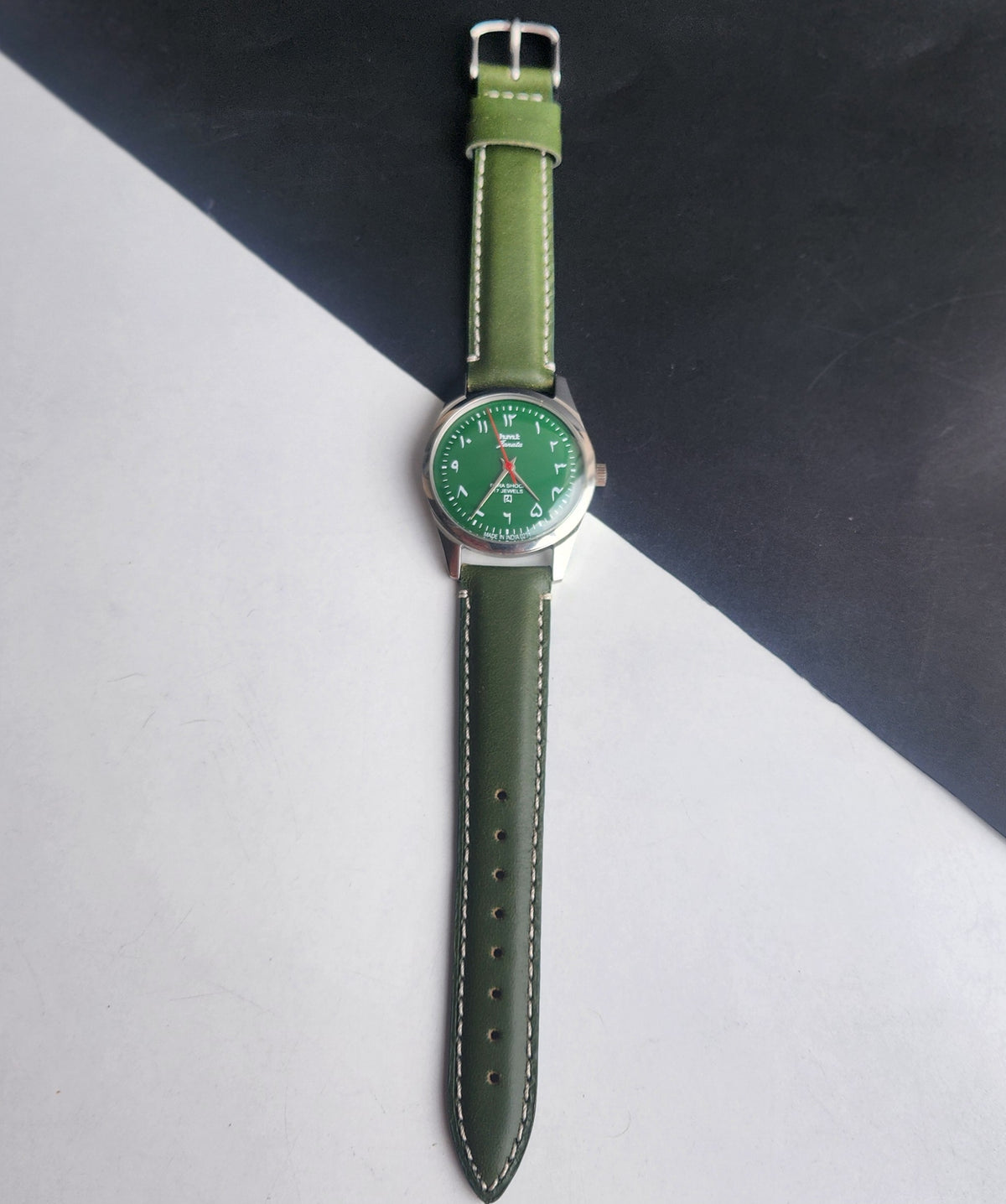 Vintage MOD  HMT Janata Urdu/Arabic Hand Winding 17 Jewels Green Face 35MM Silver Case Green Leather Strap Men's Wrist Watch G70