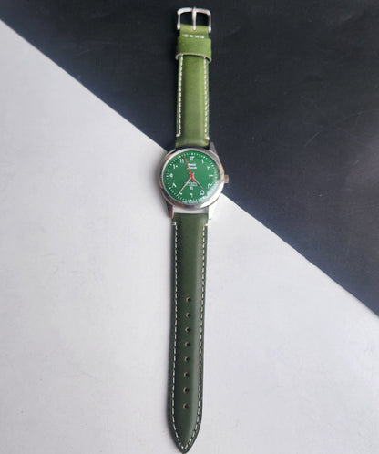 Vintage HMT Janata Urdu/Arabic Hand Winding 17 Jewels Green Face 35MM Silver Case Green Leather Strap Men's Wrist Watch G70