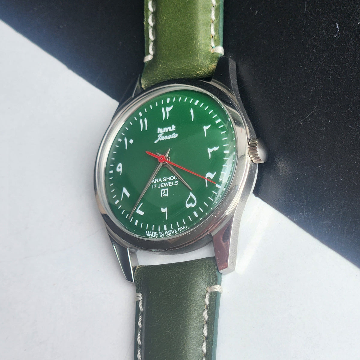 Vintage MOD  HMT Janata Urdu/Arabic Hand Winding 17 Jewels Green Face 35MM Silver Case Green Leather Strap Men's Wrist Watch G70