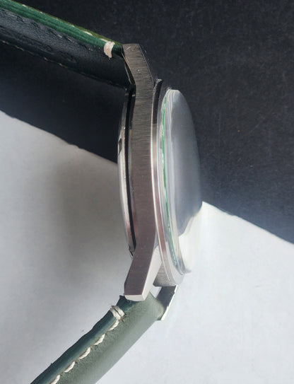 Vintage HMT Janata Urdu/Arabic Hand Winding 17 Jewels Green Face 35MM Silver Case Green Leather Strap Men's Wrist Watch G70