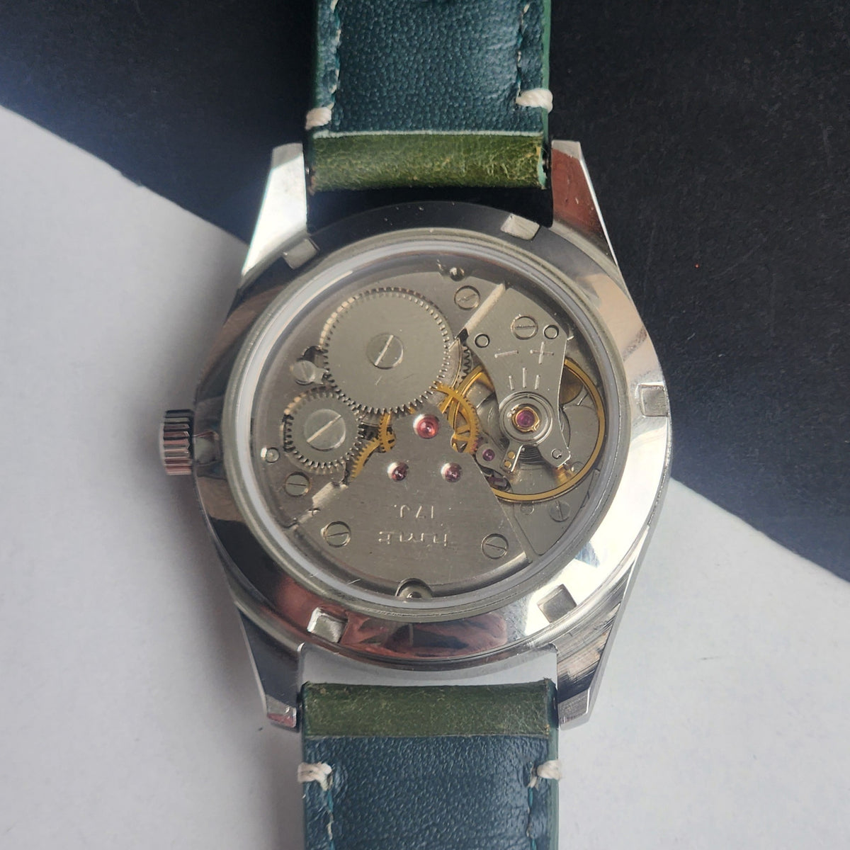 Vintage MOD  HMT Janata Urdu/Arabic Hand Winding 17 Jewels Green Face 35MM Silver Case Green Leather Strap Men's Wrist Watch G70