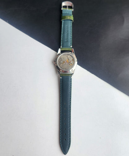 Vintage HMT Janata Urdu/Arabic Hand Winding 17 Jewels Green Face 35MM Silver Case Green Leather Strap Men's Wrist Watch G70