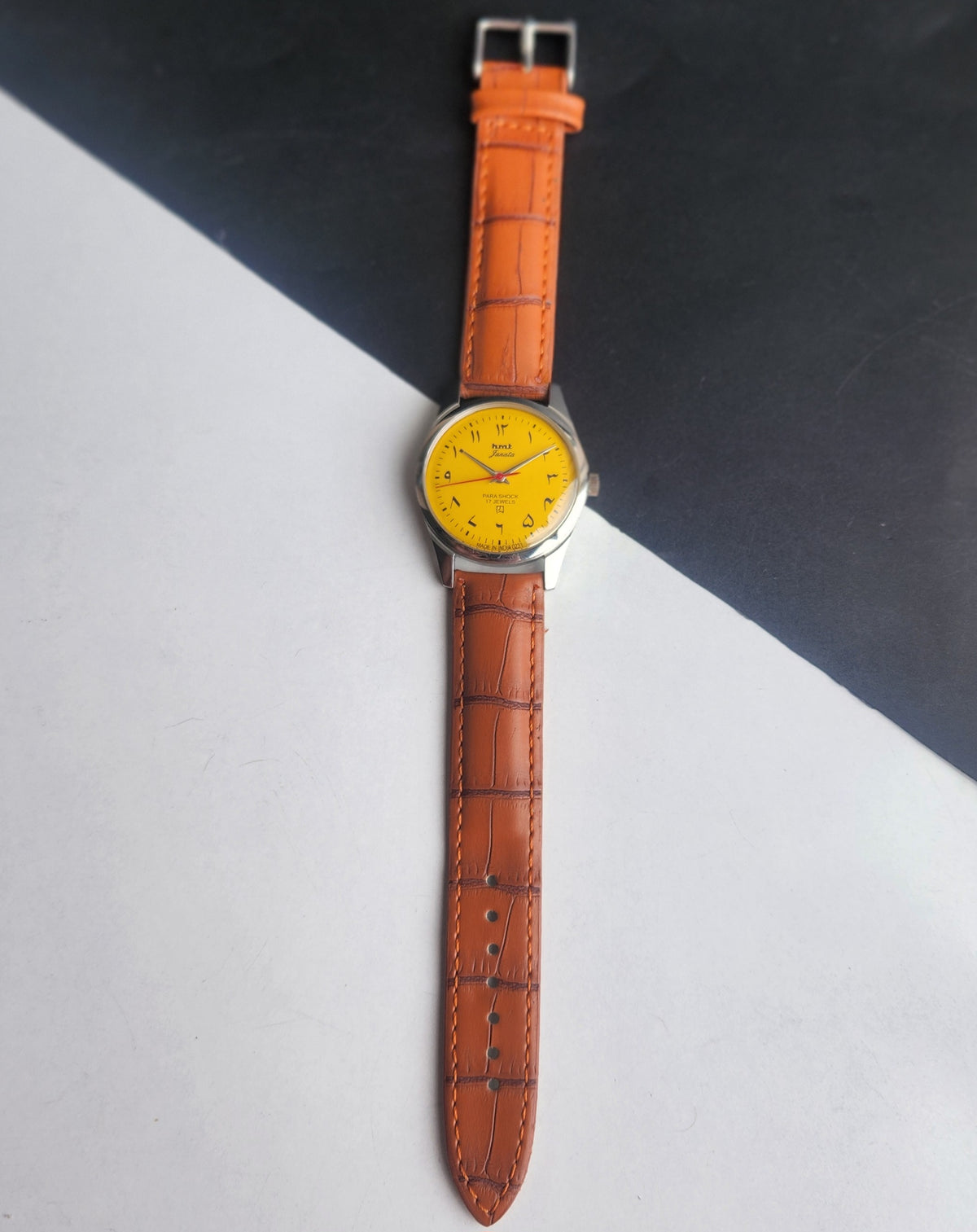 Vintage MOD HMT Janata Urdu/Arabic Hand Winding 17 Jewels Yellow Face 35MM Silver Case Brown Leather Strap Men's Wrist Watch G71