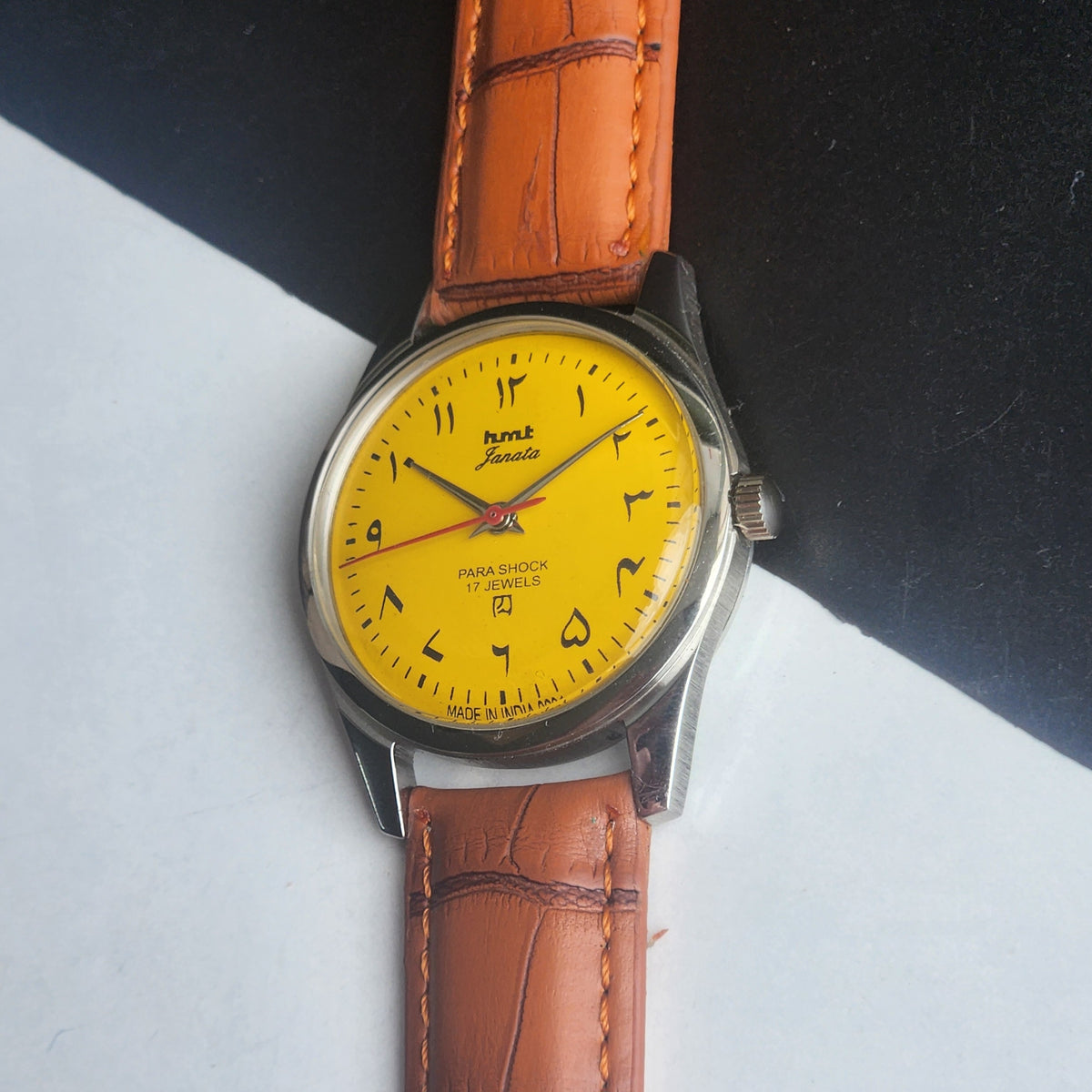 Vintage MOD HMT Janata Urdu/Arabic Hand Winding 17 Jewels Yellow Face 35MM Silver Case Brown Leather Strap Men's Wrist Watch G71
