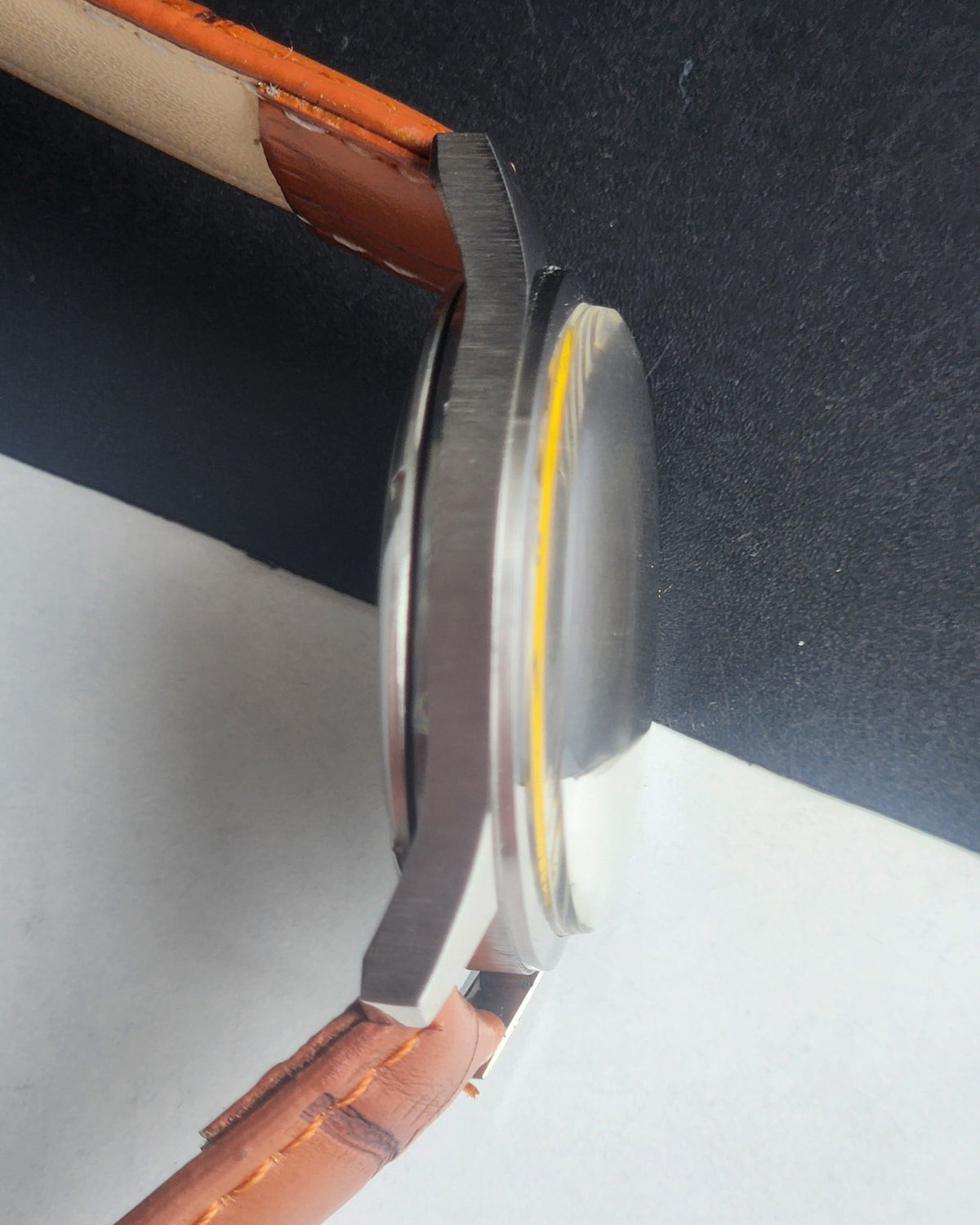 Vintage MOD HMT Janata Urdu/Arabic Hand Winding 17 Jewels Yellow Face 35MM Silver Case Brown Leather Strap Men's Wrist Watch G71