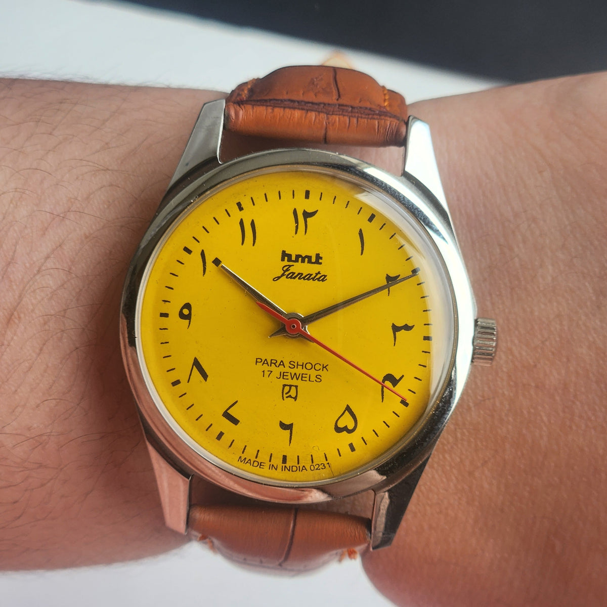 Vintage MOD HMT Janata Urdu/Arabic Hand Winding 17 Jewels Yellow Face 35MM Silver Case Brown Leather Strap Men's Wrist Watch G71