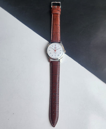 Vintage MOD HMT Janata Urdu/Arabic Hand Winding 17 Jewels White Face 35MM Silver Case Brown Leather Strap Men's Wrist Watch G72