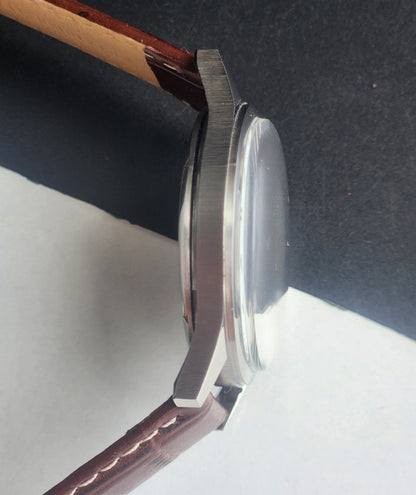 Vintage MOD HMT Janata Urdu/Arabic Hand Winding 17 Jewels White Face 35MM Silver Case Brown Leather Strap Men's Wrist Watch G72