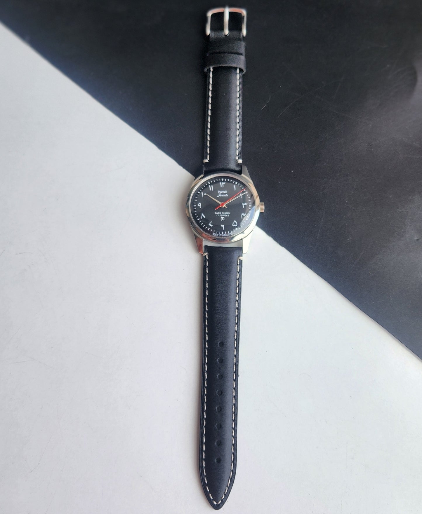 Vintage HMT Janata Urdu/Arabic Hand Winding 17 Jewels Black Face 35MM Silver Case Black Leather Strap Men's Wrist Watch G73
