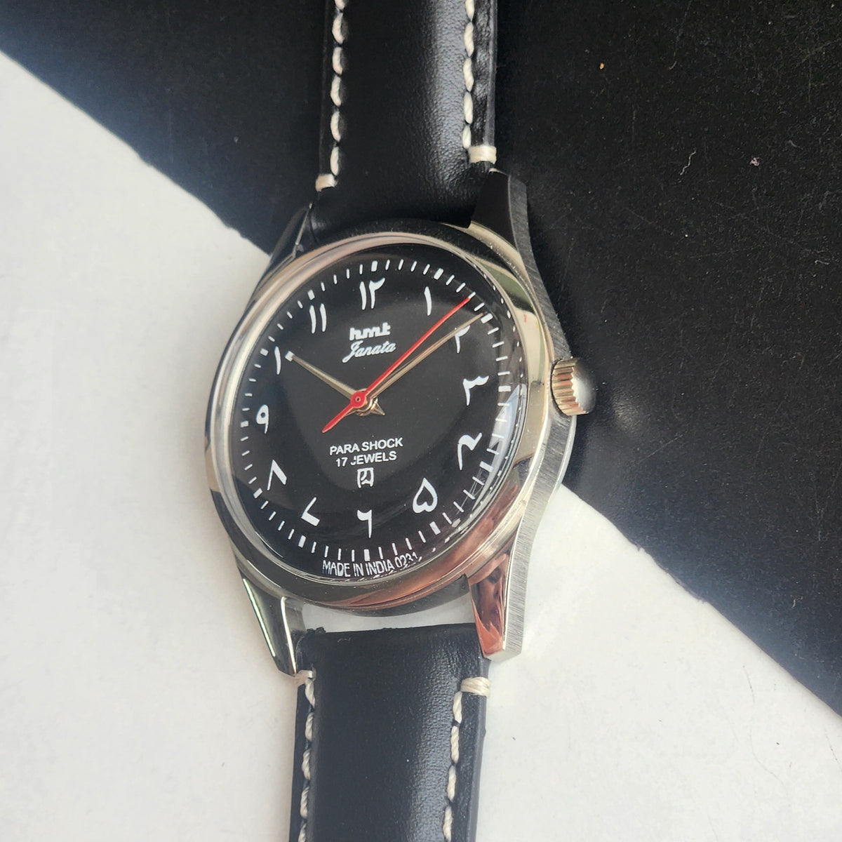 Vintage MOD HMT Janata Urdu/Arabic Hand Winding 17 Jewels Black Face 35MM Silver Case Black Leather Strap Men's Wrist Watch G73