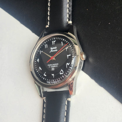 Vintage HMT Janata Urdu/Arabic Hand Winding 17 Jewels Black Face 35MM Silver Case Black Leather Strap Men's Wrist Watch G73