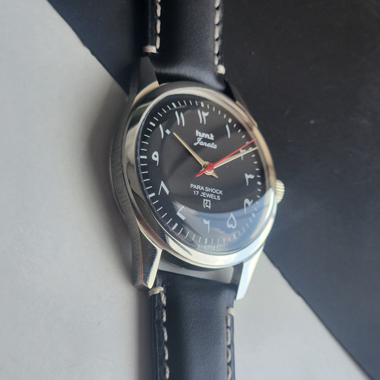 Vintage HMT Janata Urdu/Arabic Hand Winding 17 Jewels Black Face 35MM Silver Case Black Leather Strap Men's Wrist Watch G73