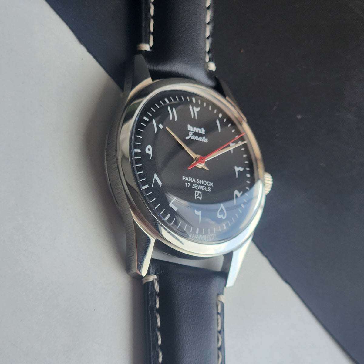 Vintage MOD HMT Janata Urdu/Arabic Hand Winding 17 Jewels Black Face 35MM Silver Case Black Leather Strap Men's Wrist Watch G73