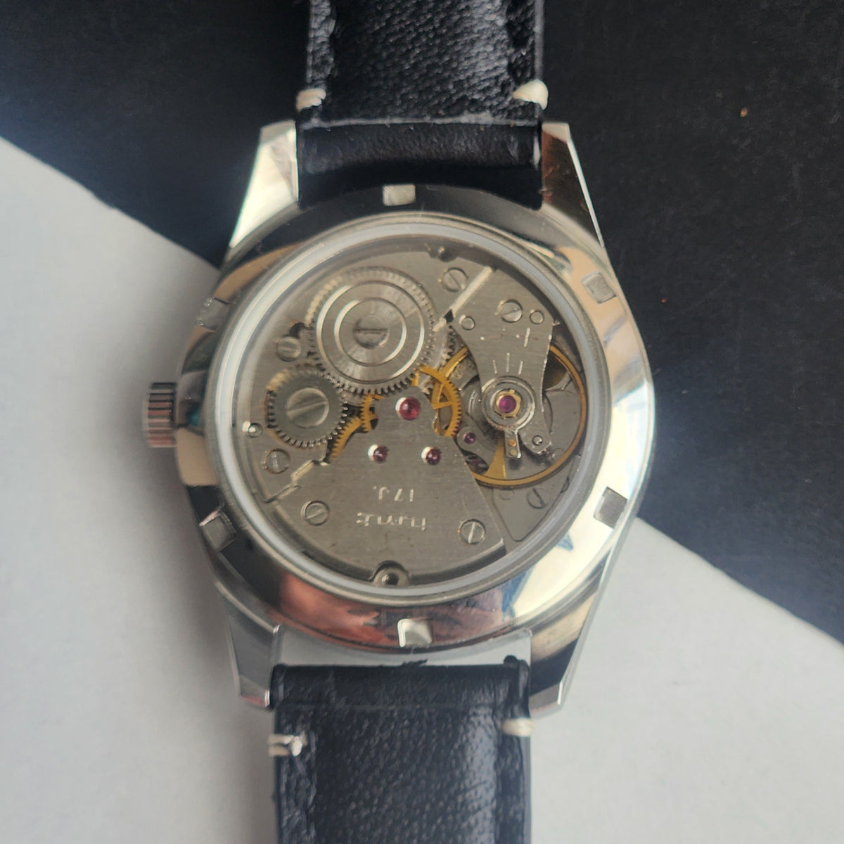 Vintage MOD HMT Janata Urdu/Arabic Hand Winding 17 Jewels Black Face 35MM Silver Case Black Leather Strap Men's Wrist Watch G73