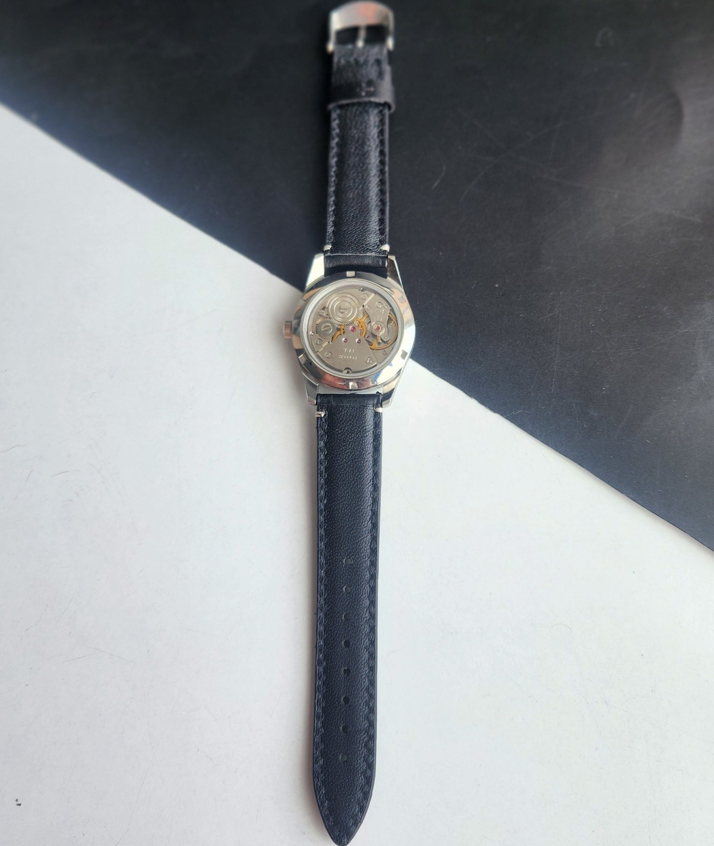 Vintage HMT Janata Urdu/Arabic Hand Winding 17 Jewels Black Face 35MM Silver Case Black Leather Strap Men's Wrist Watch G73