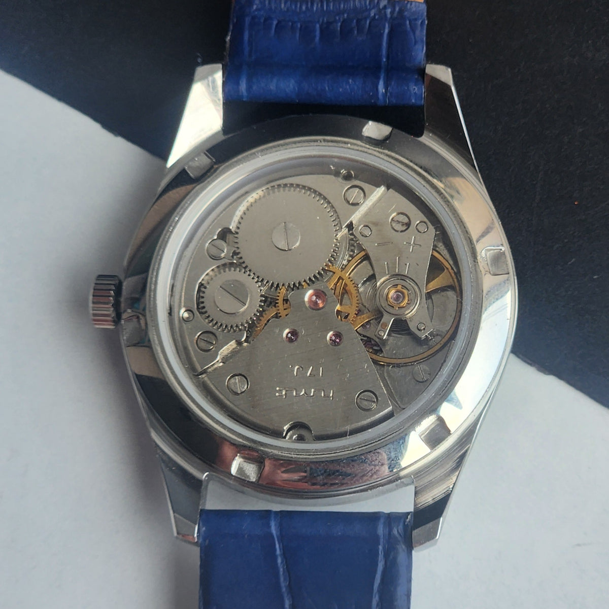 Vintage MOD HMT Janata Urdu/Arabic Hand Winding 17 Jewels Blue Face 35MM Silver Case Blue Leather Strap Men's Wrist Watch G74