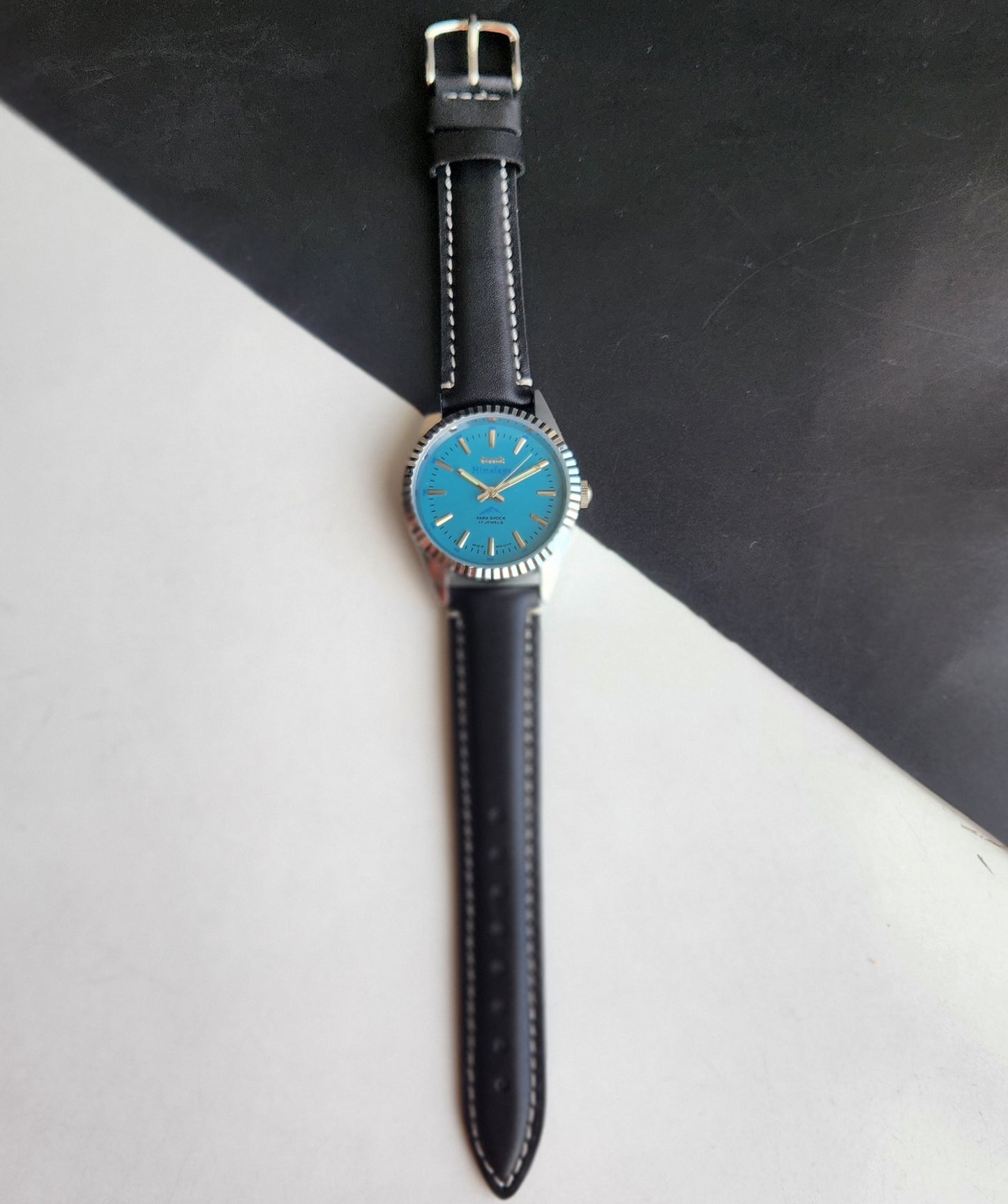 Vintage HMT Himalaya Hand Winding 17 Jewels Tiffany Blue Face 35mm Silver Case With Fluted Bezel Black Leather Strap Men's Wrist Watch G75