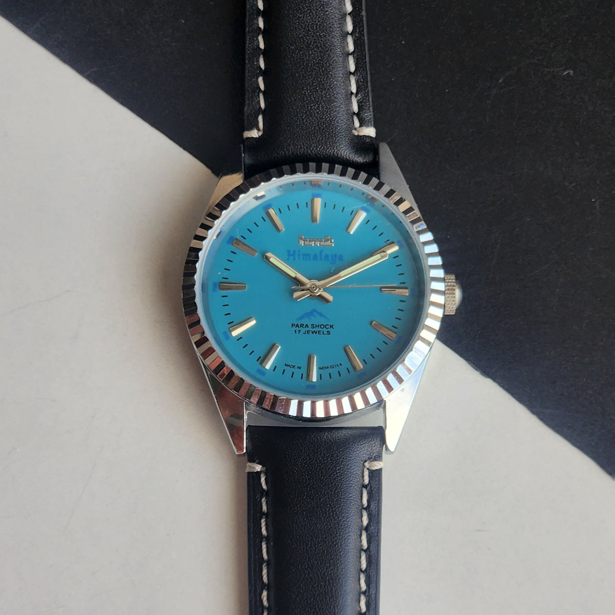 Vintage MOD HMT Himalaya Hand Winding 17 Jewels Tiffany Blue Face 35mm Silver Case With Fluted Bezel Black Leather Strap Men's Wrist Watch G75