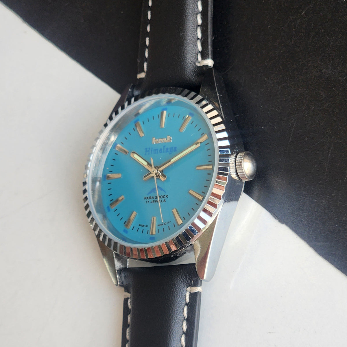 Vintage MOD HMT Himalaya Hand Winding 17 Jewels Tiffany Blue Face 35mm Silver Case With Fluted Bezel Black Leather Strap Men's Wrist Watch G75