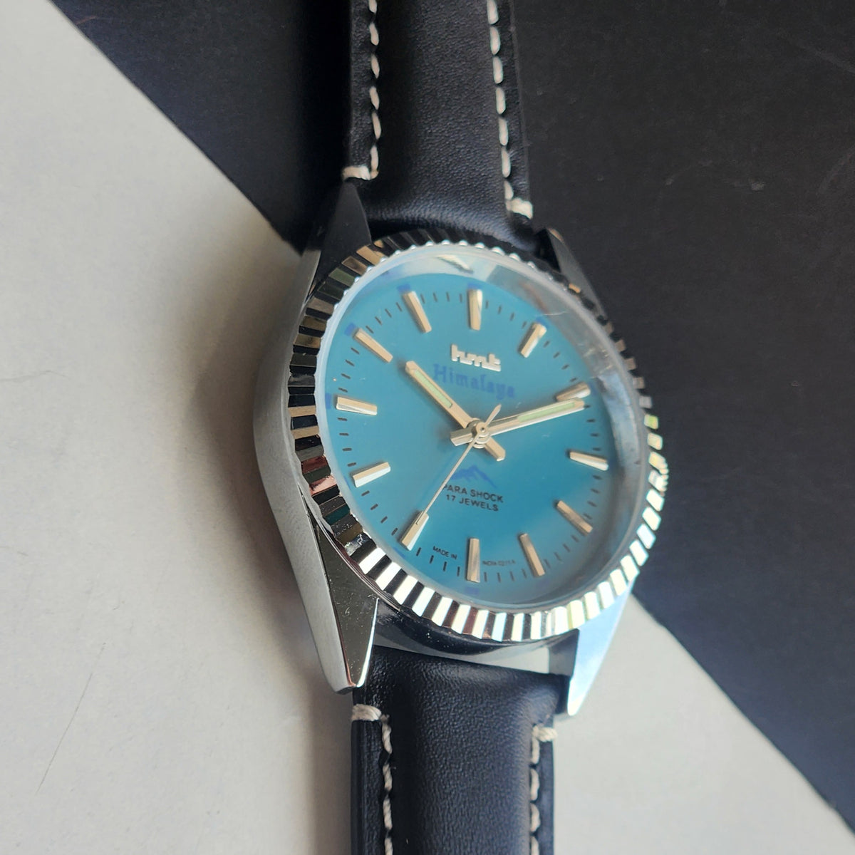 Vintage MOD HMT Himalaya Hand Winding 17 Jewels Tiffany Blue Face 35mm Silver Case With Fluted Bezel Black Leather Strap Men's Wrist Watch G75