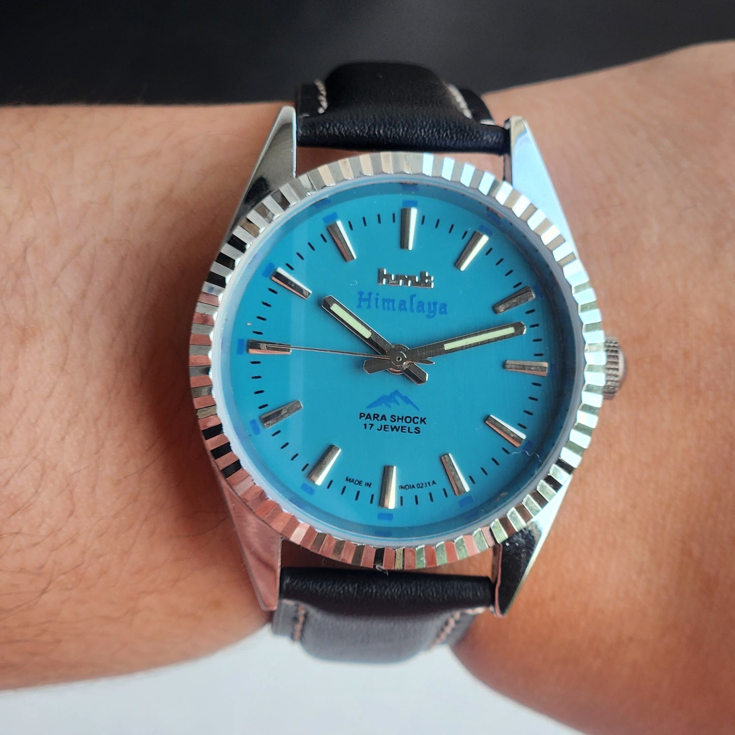 Vintage HMT Himalaya Hand Winding 17 Jewels Tiffany Blue Face 35mm Silver Case With Fluted Bezel Black Leather Strap Men's Wrist Watch G75