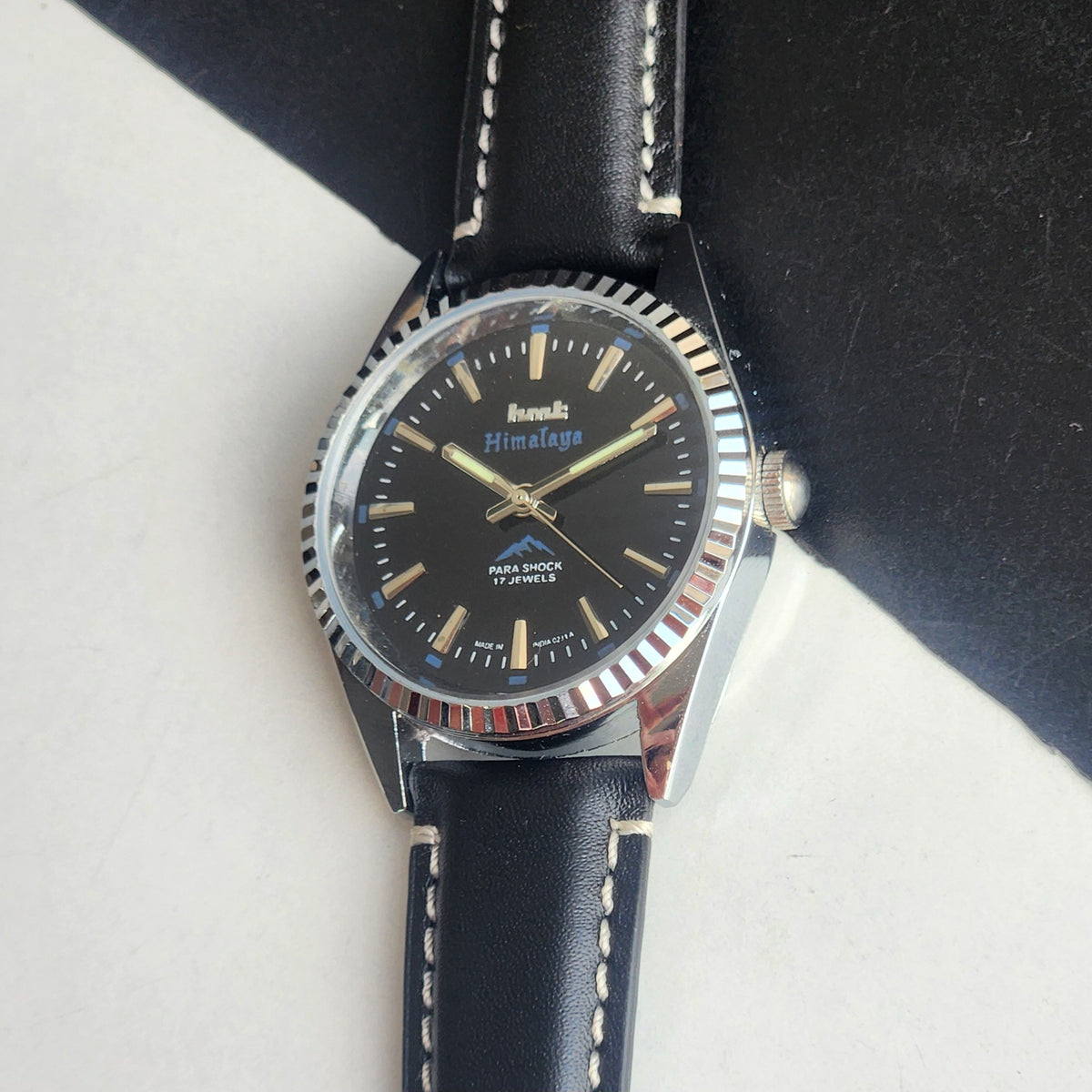Vintage MOD HMT Himalaya Hand Winding 17 Jewels Black Face 35mm Silver Case With Fluted Bezel Black Leather Strap Men's Wrist Watch G76