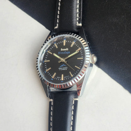 Vintage HMT Himalaya Hand Winding 17 Jewels Blue Face 35mm Silver Case With Fluted Bezel Black Leather Strap Men's Wrist Watch G76