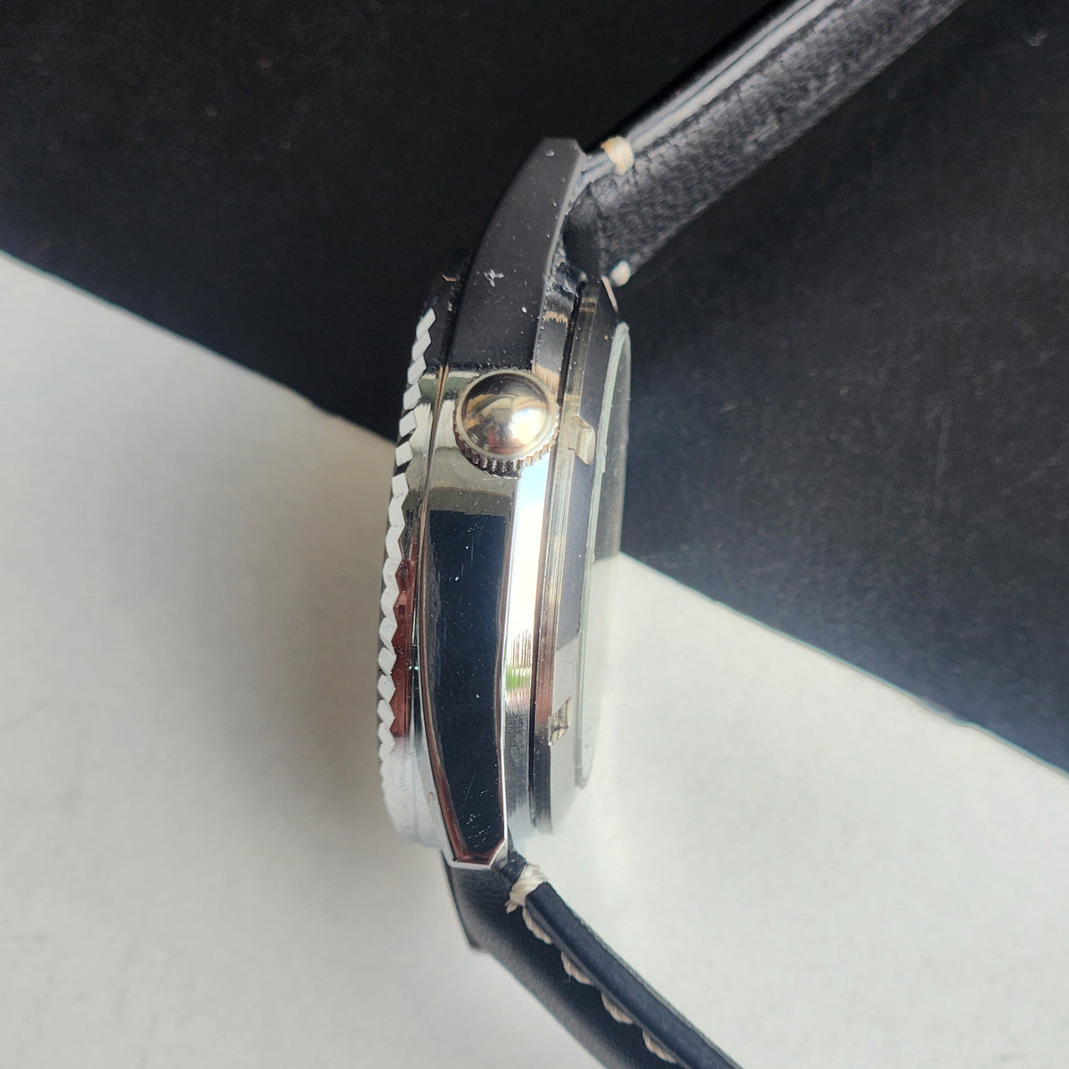 Vintage MOD HMT Himalaya Hand Winding 17 Jewels Black Face 35mm Silver Case With Fluted Bezel Black Leather Strap Men's Wrist Watch G76