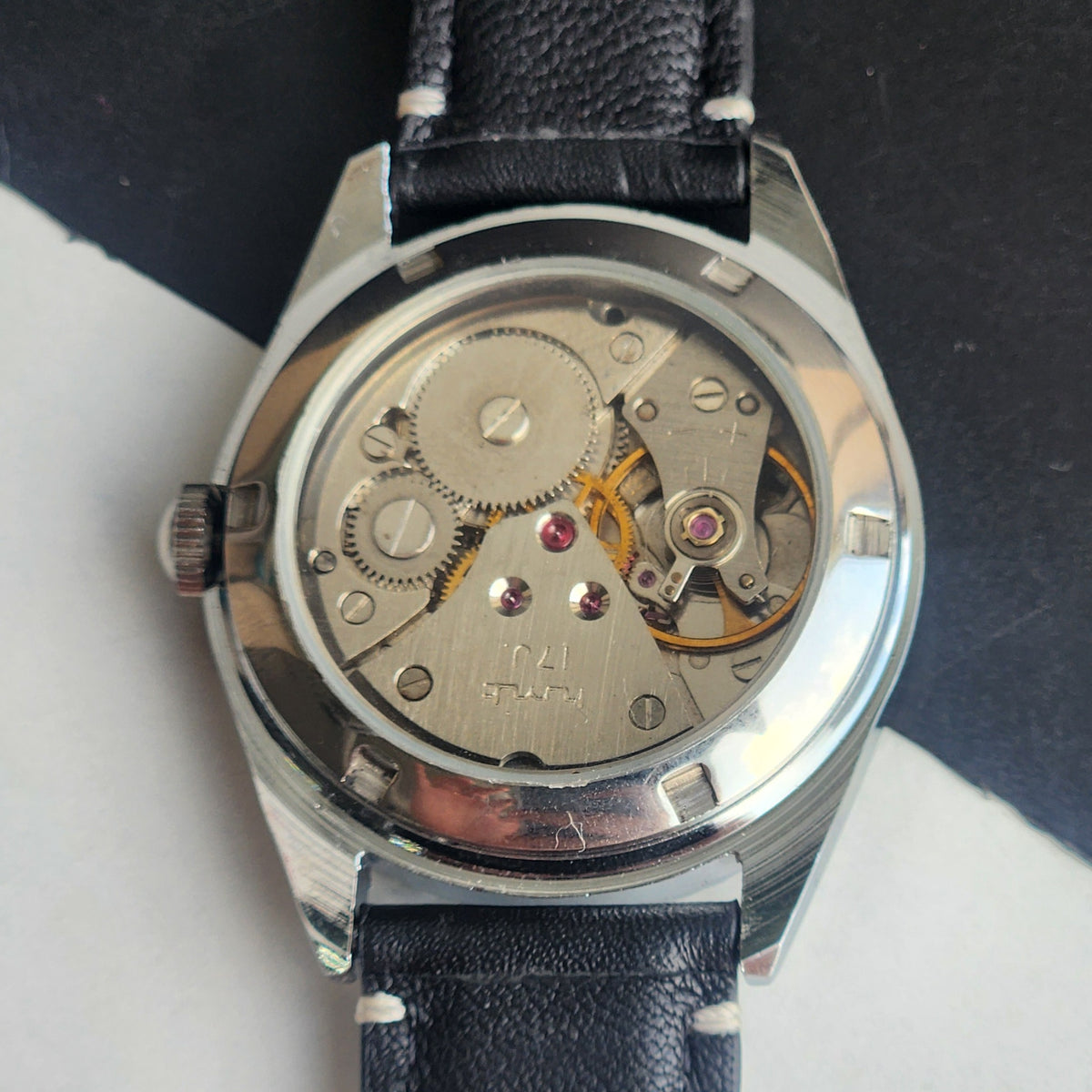 Vintage MOD HMT Himalaya Hand Winding 17 Jewels Black Face 35mm Silver Case With Fluted Bezel Black Leather Strap Men's Wrist Watch G76