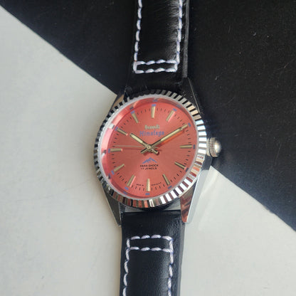 Vintage HMT Himalaya Hand Winding 17 Jewels Pink Face 35mm Silver Case With Fluted Bezel Black Leather Strap Men's Wrist Watch G77