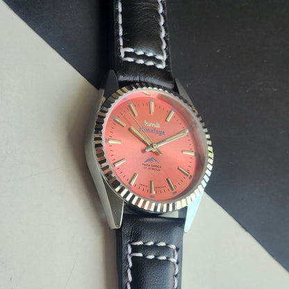 Vintage HMT Himalaya Hand Winding 17 Jewels Pink Face 35mm Silver Case With Fluted Bezel Black Leather Strap Men's Wrist Watch G77