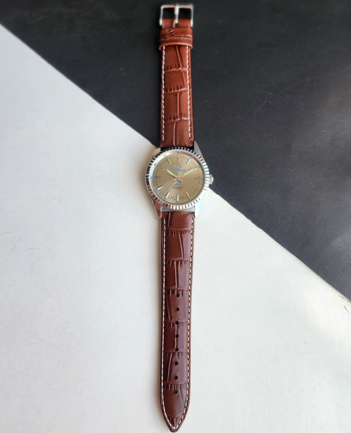 Vintage MOD HMT Himalaya Hand Winding 17 Jewels Silver Face 35mm Silver Case With Fluted Bezel Brown Leather Strap Men's Wrist Watch G78