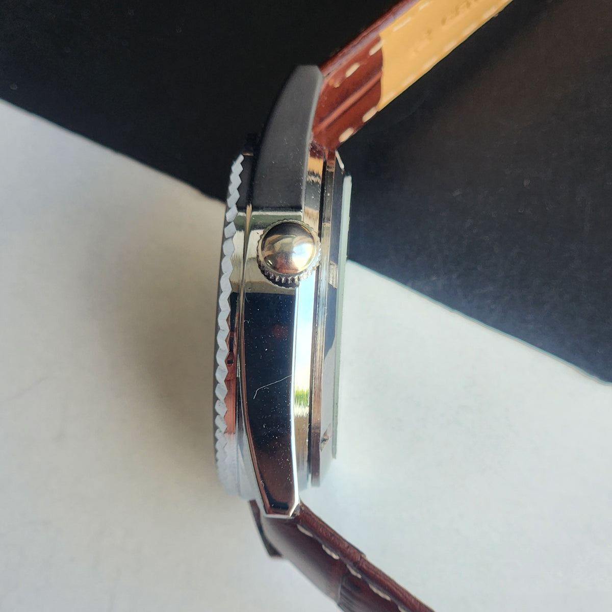 Vintage MOD HMT Himalaya Hand Winding 17 Jewels Silver Face 35mm Silver Case With Fluted Bezel Brown Leather Strap Men's Wrist Watch G78