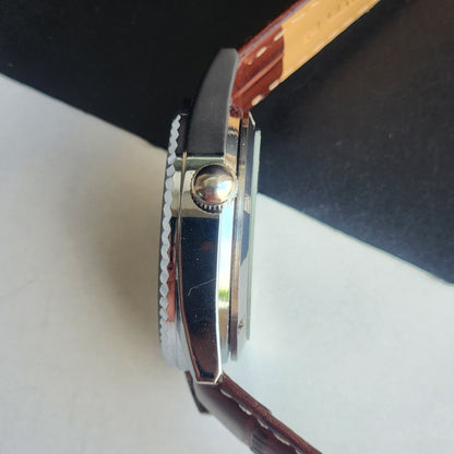 Vintage HMT Himalaya Hand Winding 17 Jewels Silver Face 35mm Silver Case With Fluted Bezel Brown Leather Strap Men's Wrist Watch G78