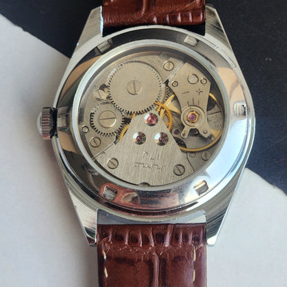 Vintage HMT Himalaya Hand Winding 17 Jewels Silver Face 35mm Silver Case With Fluted Bezel Brown Leather Strap Men's Wrist Watch G78