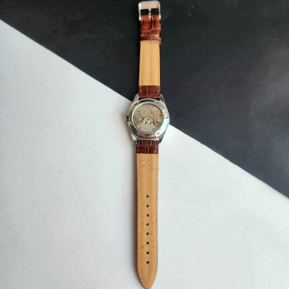Vintage MOD HMT Himalaya Hand Winding 17 Jewels Silver Face 35mm Silver Case With Fluted Bezel Brown Leather Strap Men's Wrist Watch G78
