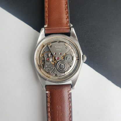 Vintage HMT Janata Tamil Hand Winding 17 Jewels Peach Face 35mm Silver Case With Brown Leather Strap Men's Wrist Watch G79