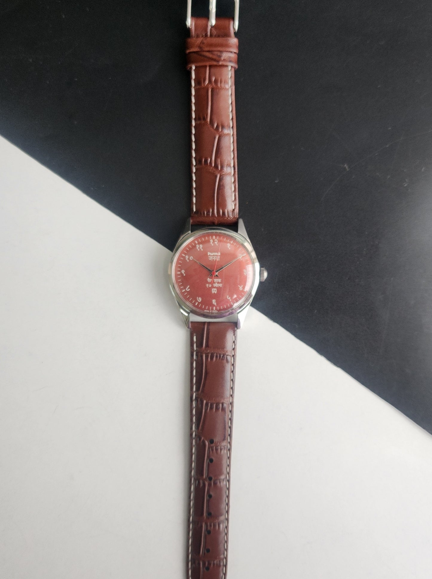 Vintage HMT Janata Devanagari Hand Winding 17 Jewels Red Face 35mm Silver Case Brown Leather Strap Men's Wrist Watch G80