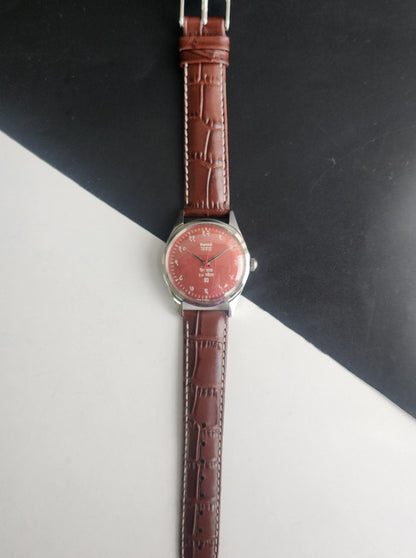 Vintage HMT Janata Devanagari Hand Winding 17 Jewels Red Face 35mm Silver Case Brown Leather Strap Men's Wrist Watch G80