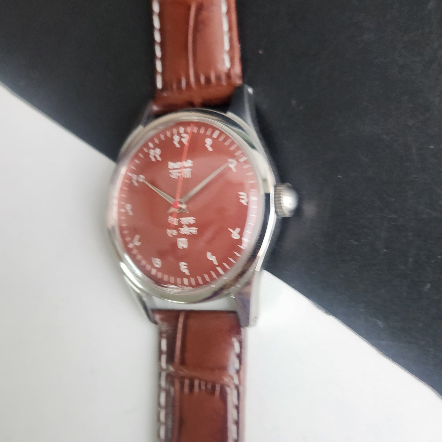 Vintage HMT Janata Devanagari Hand Winding 17 Jewels Red Face 35mm Silver Case Brown Leather Strap Men's Wrist Watch G80