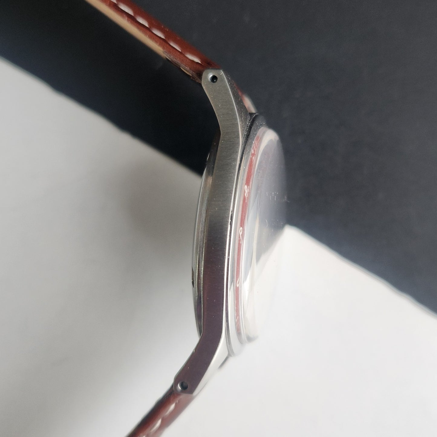 Vintage HMT Janata Devanagari Hand Winding 17 Jewels Red Face 35mm Silver Case Brown Leather Strap Men's Wrist Watch G80