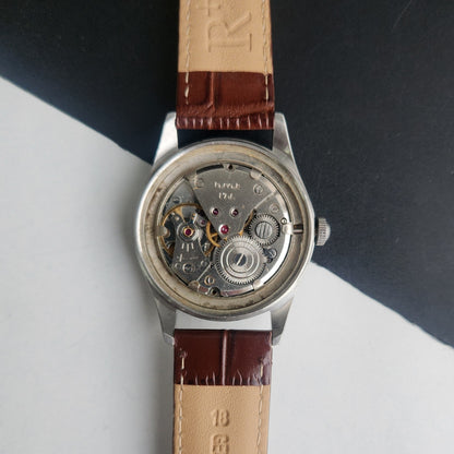 Vintage HMT Janata Devanagari Hand Winding 17 Jewels Red Face 35mm Silver Case Brown Leather Strap Men's Wrist Watch G80